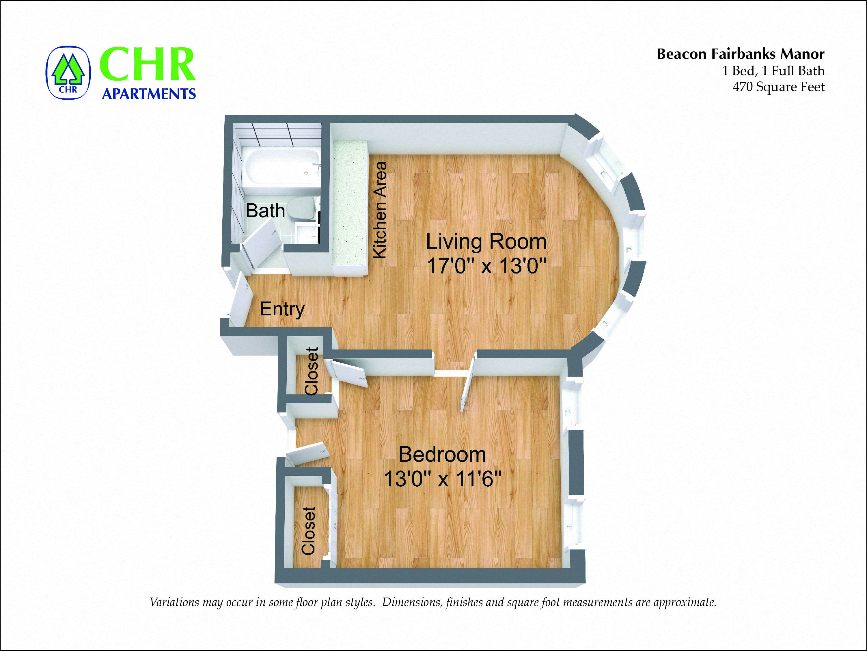 Floor plan for 1 bed, 1 bath, 730 sqft